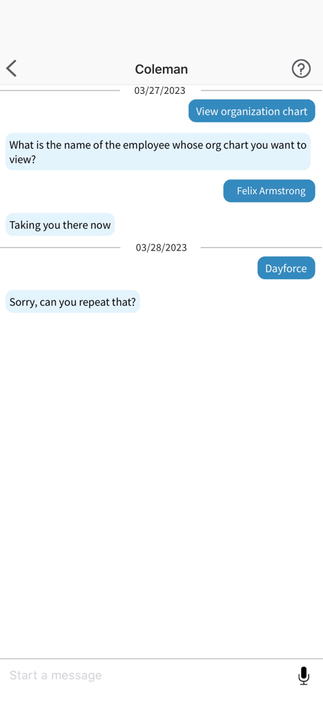 Infor Go - Screenshot of the Infor Go mobile app showing a chat interface with the Coleman digital assistant for enterprise tasks.