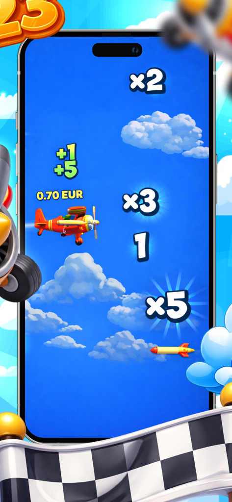 Host Part Hits 모바일 게임에서 파란 하늘을 나는 빨간색 비행기와 함께 다양한 수치 배율 및 보너스.