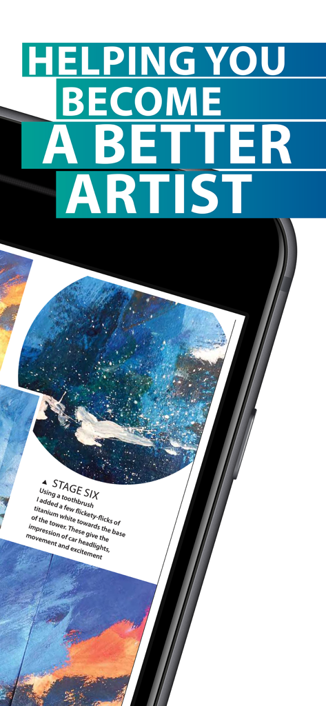 Una pagina digitale dall'app The Artist Magazine con un tutorial di pittura su uno schermo iPad