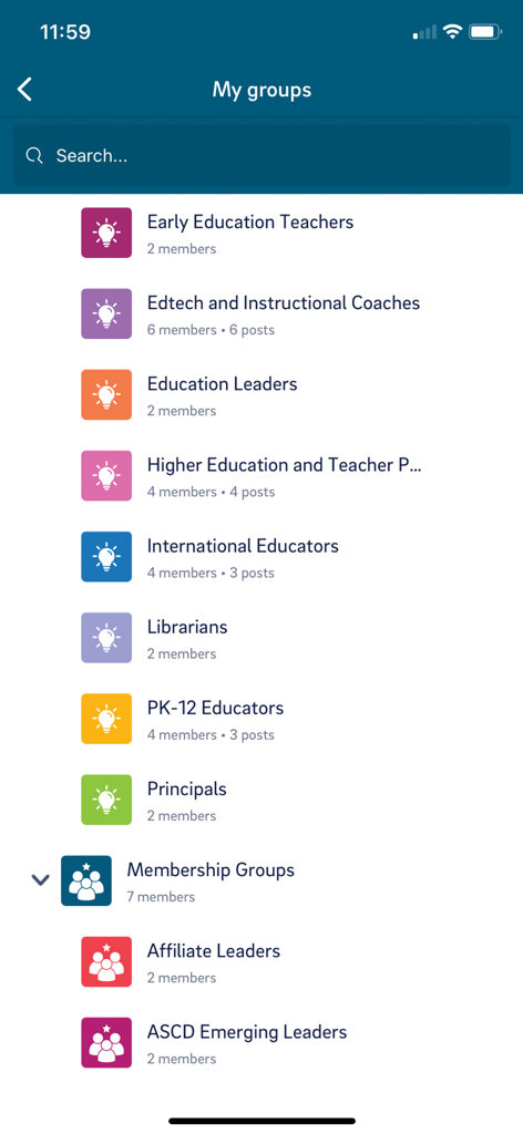 Connect (ASCD+ISTE) - A list of professional educator groups in the Connect app including Edtech Coaches Librarians and PK-12 Educators