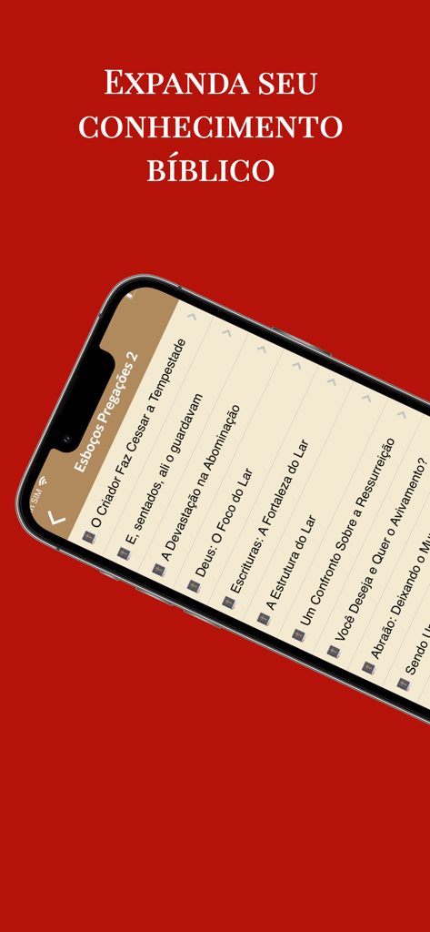 Smartphone exibindo lista de esboços de pregações no aplicativo Esboços de Pregações.