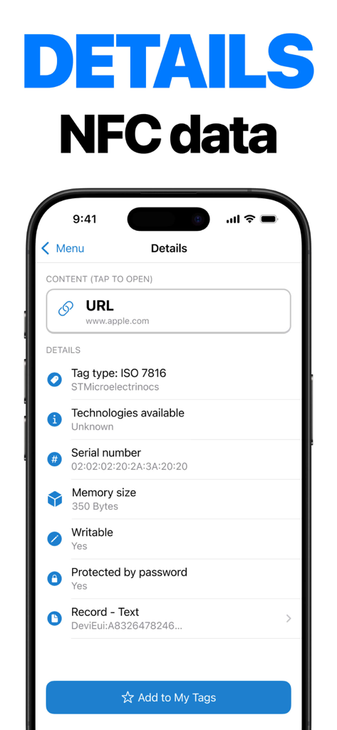 NFC Tools: Tag Reader,Writerㅤ - Pantalla de smartphone mostrando datos detallados de etiquetas NFC, incluyendo tipo de etiqueta y número de serie