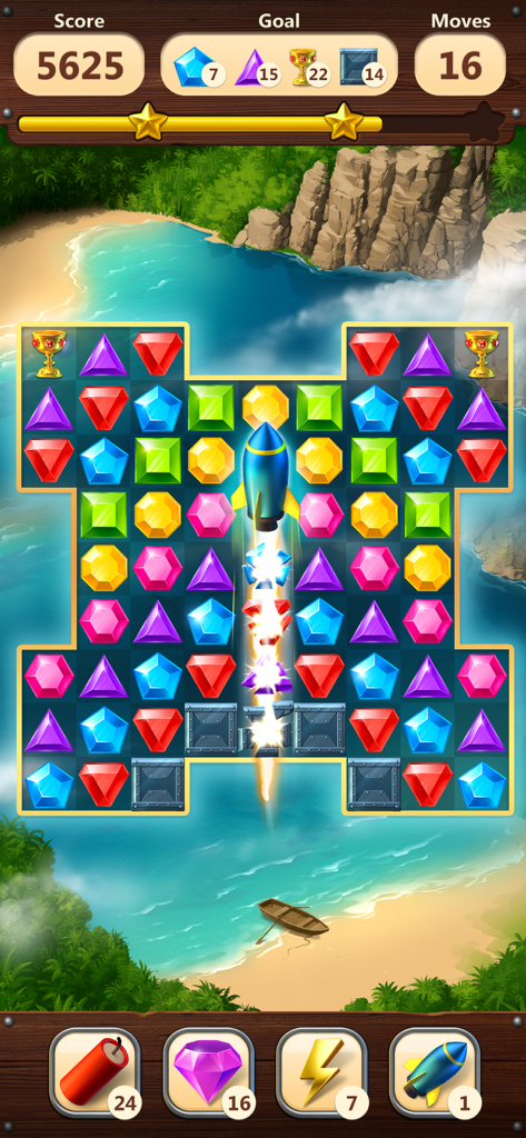 Jewels Planet  - Match 3 Game - A gameplay screen of Jewels Planet match 3 game showing colorful gems and a rocket power up