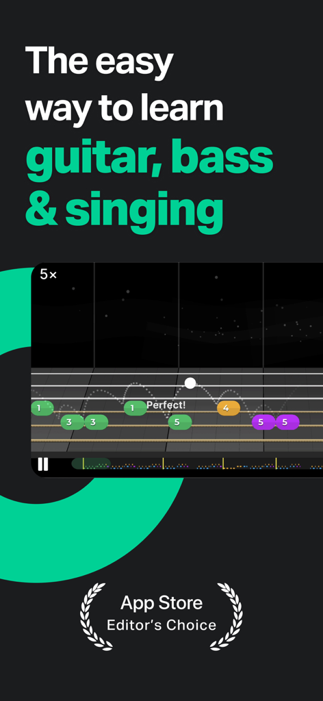 Yousician: Learn & Play Guitar - Yousician app interface for learning guitar bass and singing featuring the App Store Editors Choice award
