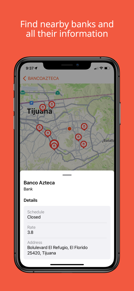 Dollar and Euro in Mexico - Map interface of the Dollar and Euro in Mexico app showing nearby Banco Azteca branches in Tijuana