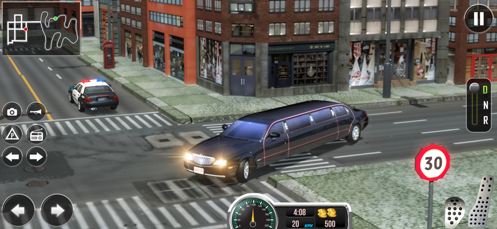 Limo Driving simulator 2025 - A black stretch limousine turns a corner on a city street in a 3D driving simulator game with on-screen controls.
