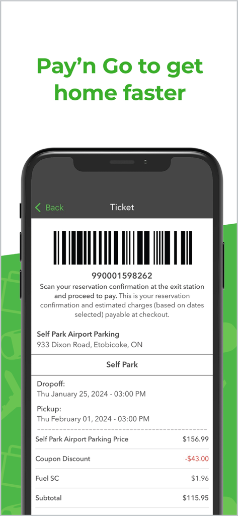 Park’N Fly Canada - A digital parking ticket on the ParkN Fly Canada app showing a barcode and reservation details for airport parking