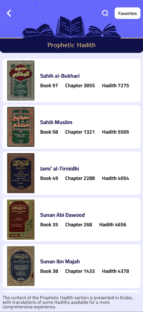The Prophetic Hadith section of the Al-Roznama app displaying major collections like Sahih al-Bukhari and Sahih Muslim
