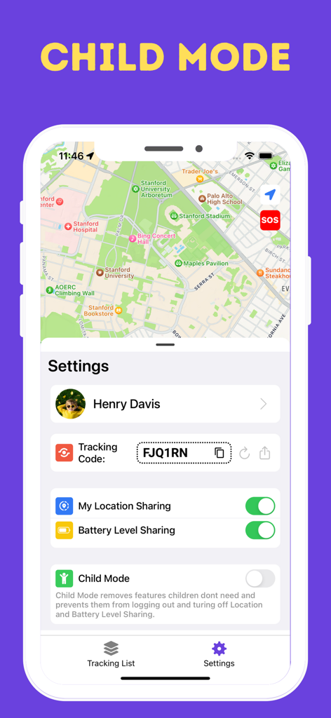 xFind・Location Find from Phone - Screenshot of xFind app showing Child Mode settings and location sharing toggles.