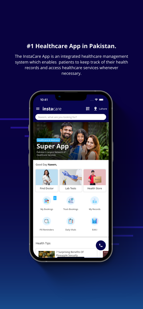 Écran d'accueil de l'application InstaCare montrant les options pour trouver des médecins, réserver des tests de laboratoire et suivre les dossiers de santé