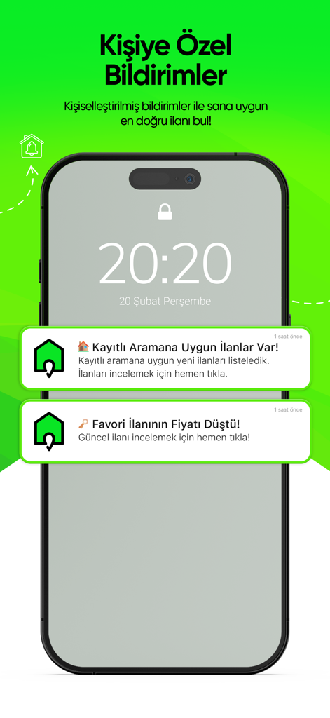 Emlakjet: Emlak Ara & İlan Ver - Smartphone screen showing personalized real estate notifications from the Emlakjet app for saved searches and price drops.
