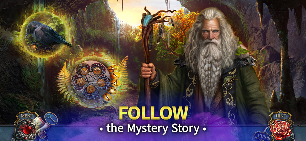 Living Legends: The Red Trace - A wizard holding a wooden staff next to a circular puzzle in a mystical cave