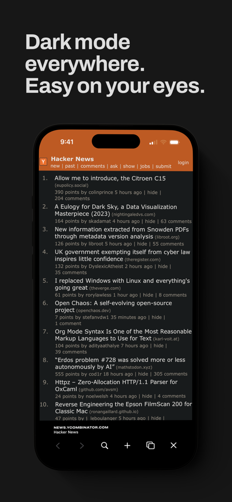 Quiche Browser - Quiche Browser displaying the Hacker News website using its custom dark mode feature on an iPhone