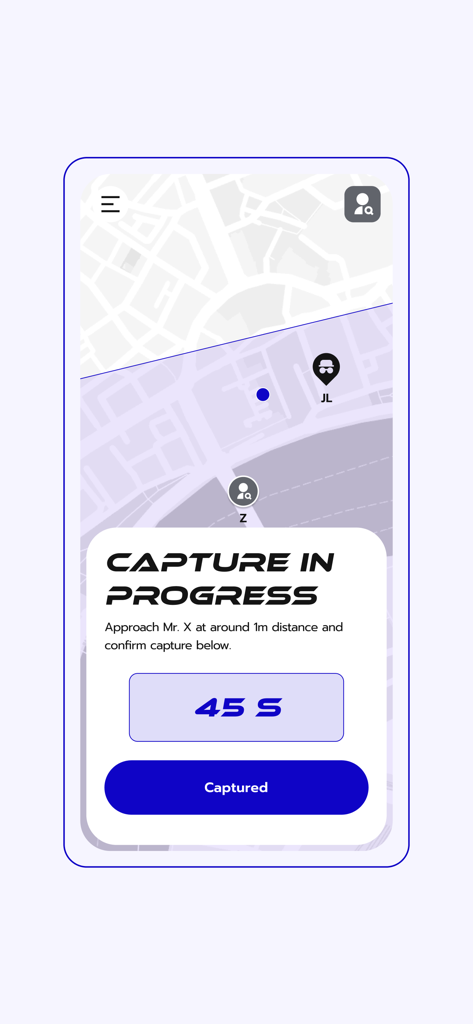 City Chase Game - Pantalla de captura en curso con un temporizador de cuenta regresiva y un mapa en la aplicación City Chase Game