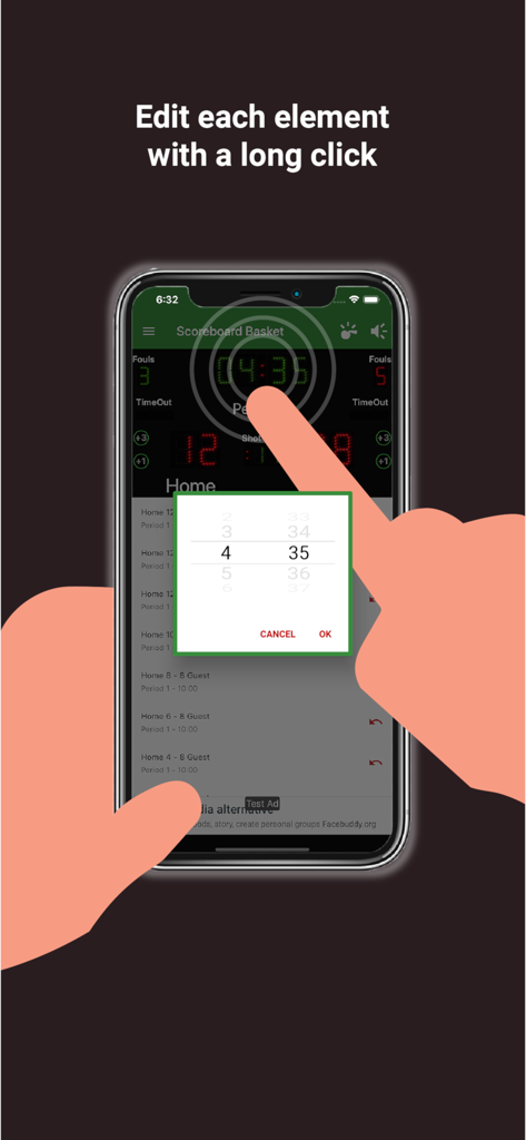 Scoreboard Basket - Editing the game clock with a long click on the Scoreboard Basket app