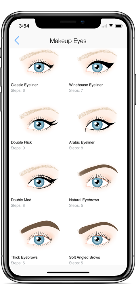 Draw Anime Eyes - Cutest Eyes - A menu of different eye makeup and eyebrow drawing tutorials with step counts.