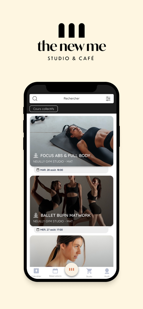 THE NEW ME - Die Benutzeroberfläche der mobilen App THE NEW ME zeigt eine Liste von Pilates- und Ballett-Fitnesskursen, die zur Buchung angeboten werden.