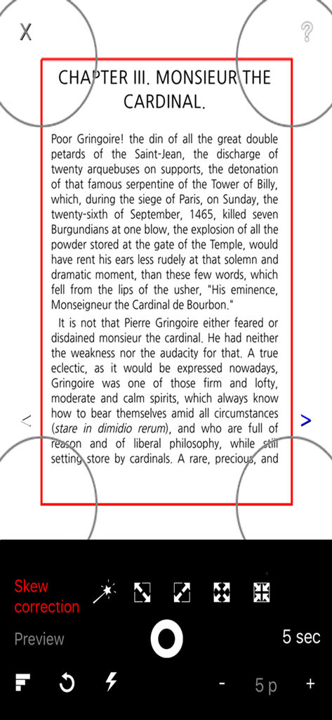 Reader+ : Scan & Read Books - Interface mobile de l'application Reader Plus affichant l'outil de correction de l'inclinaison pour la numérisation des pages de livres