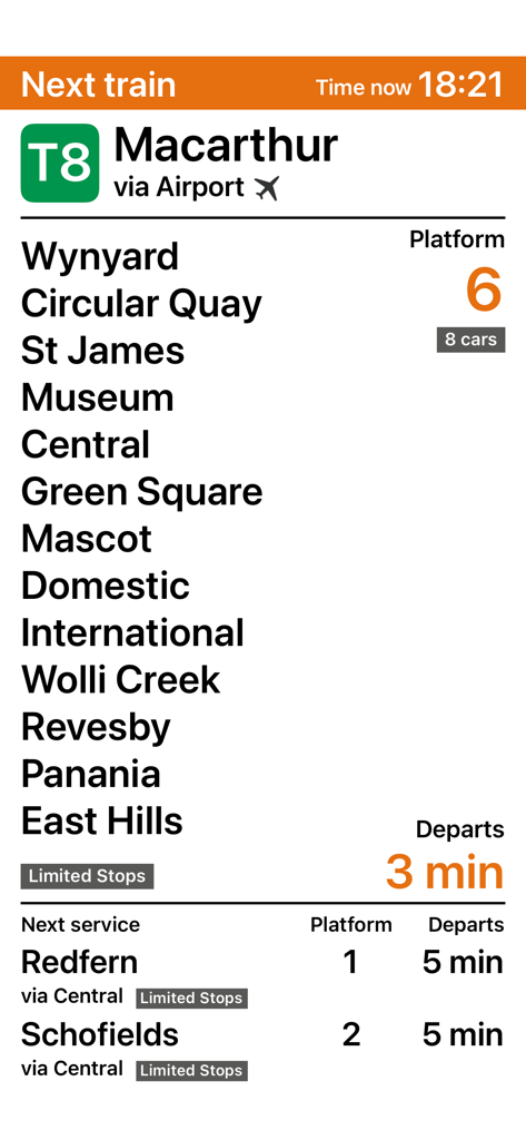 TripView Lite app interface displaying Sydney train schedule for the T8 line to Macarthur