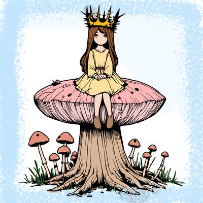 realistic girl sitting on a huge tree stump size toadstool with thorn crown