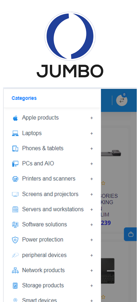 Jumbo International - Menu lateral do aplicativo Jumbo International mostrando categorias de eletrônicos como laptops, telefones e componentes de PC