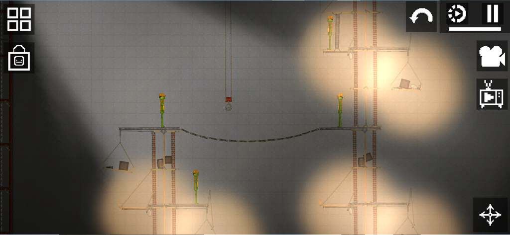 Green ragdoll characters standing on wooden platforms and a rope bridge in a physics sandbox environment