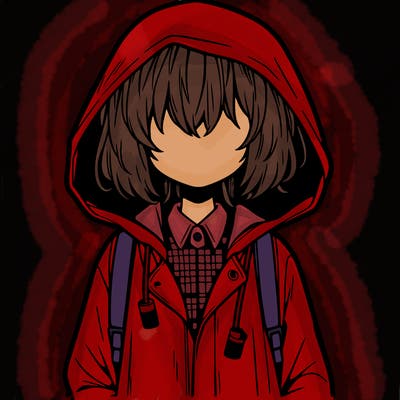 little anime girl in a raincoat her hair is covering her eyes she has a lighter