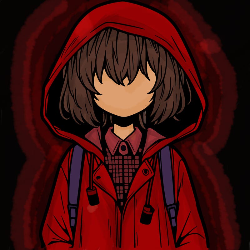little anime girl in a raincoat her hair is covering her eyes she has a lighter