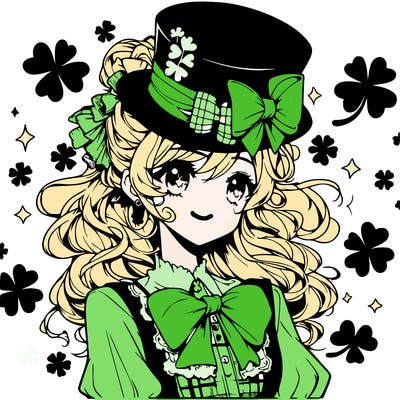 a manga-style girl with clovers around her, a little hat in her hair, like it's saint patrick's day