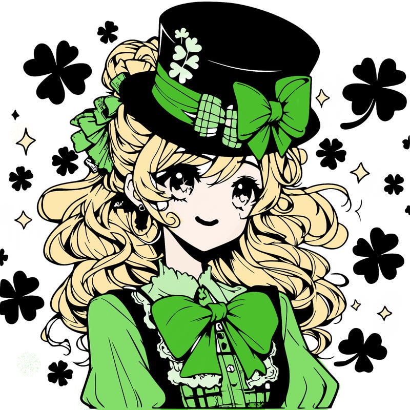 a manga-style girl with clovers around her, a little hat in her hair, like it's saint patrick's day