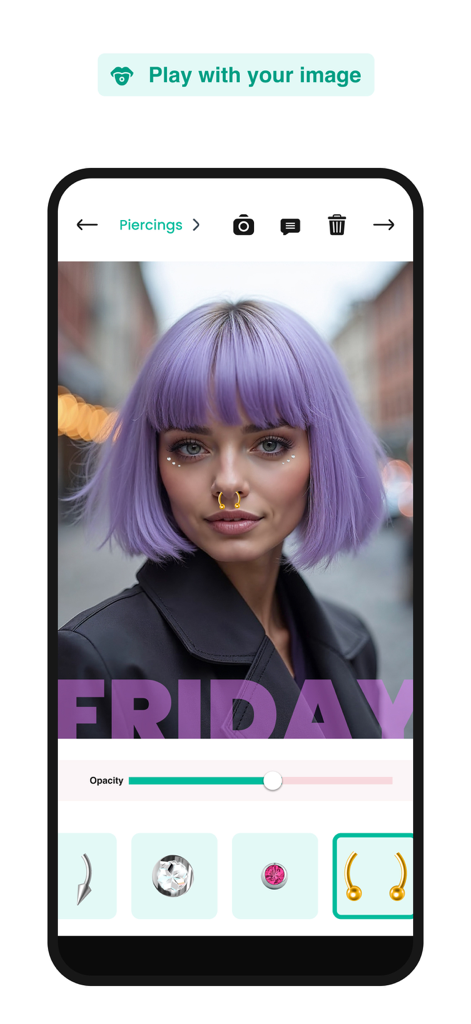 Makeover photo hairstyles app - 紫色の髪と追加された鼻ピアスをした女性を表示している、バーチャル変身アプリのインターフェース。