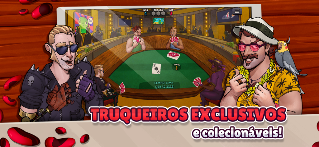 Two exclusive animated characters in front of a Truco card game match.