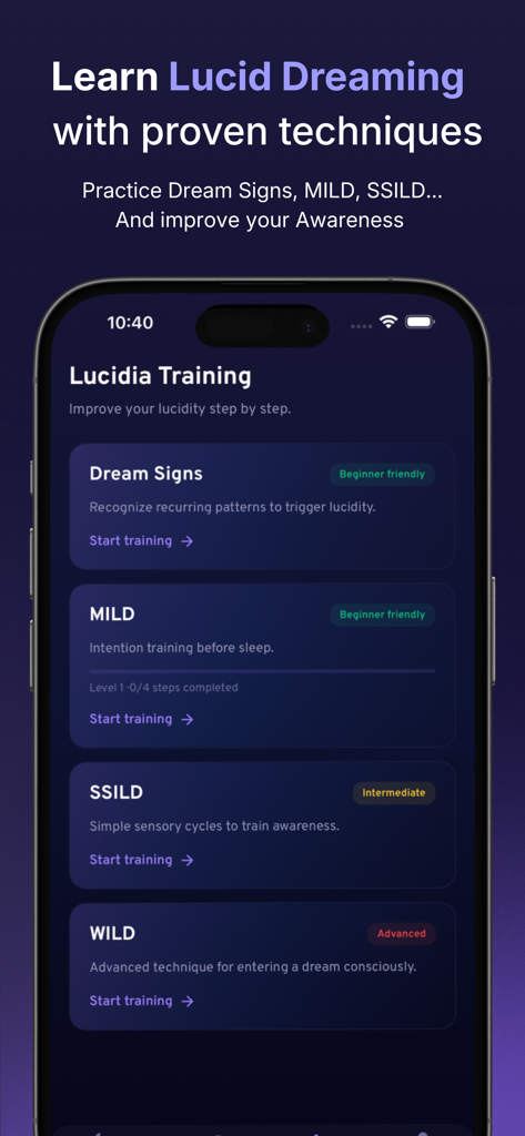 Lucidia - My Dream Journal - Lucidia app interface showing training modules for lucid dreaming techniques like MILD, SSILD, and WILD.