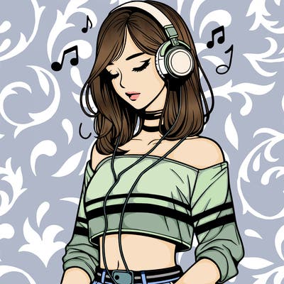 realistic girl wearing crop top looking down with headphones on her head