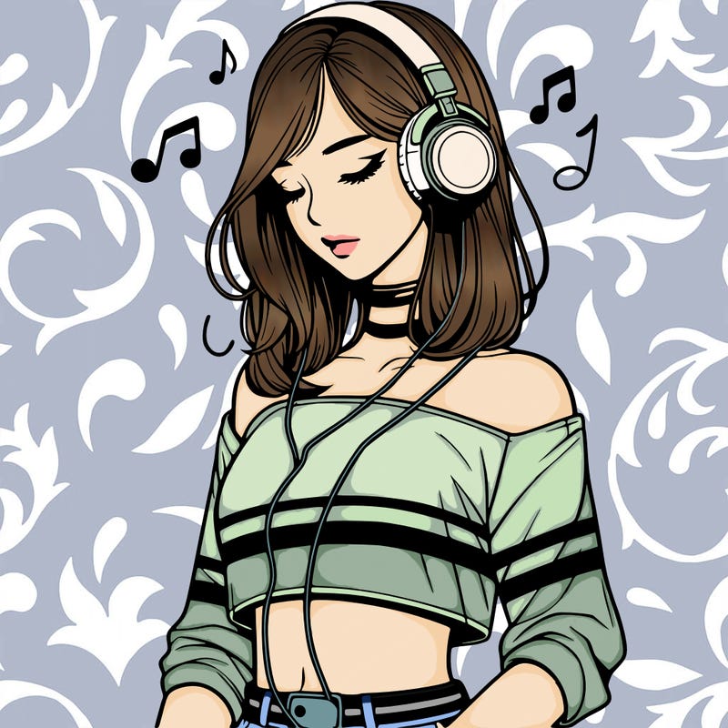 realistic girl wearing crop top looking down with headphones on her head
