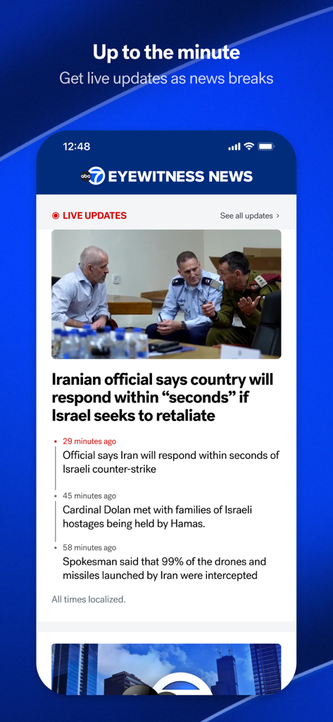 Screenshot of ABC7 Chicago News app featuring live updates and breaking news headlines
