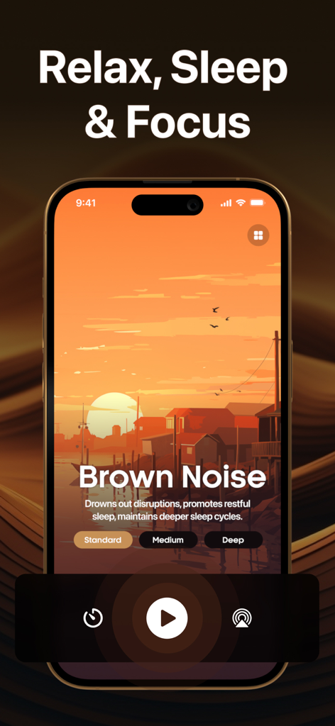 Brown Noise for Sleep - Brown Noise for Sleep app interface showing sound options with a sunset background for relaxation