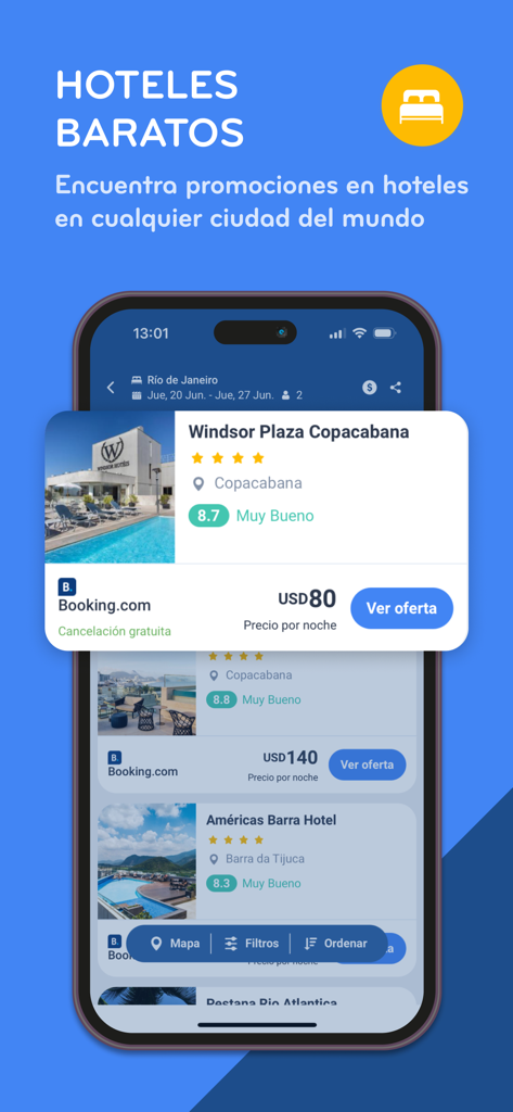 Interface of Turismocity app showing cheap hotel deals in Rio de Janeiro.