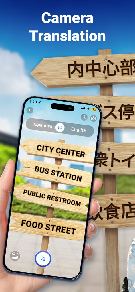XTranslate - Photo, Voice, PDF - Pantalla de smartphone mostrando traducción instantánea por cámara de señales de tráfico japonesas al inglés