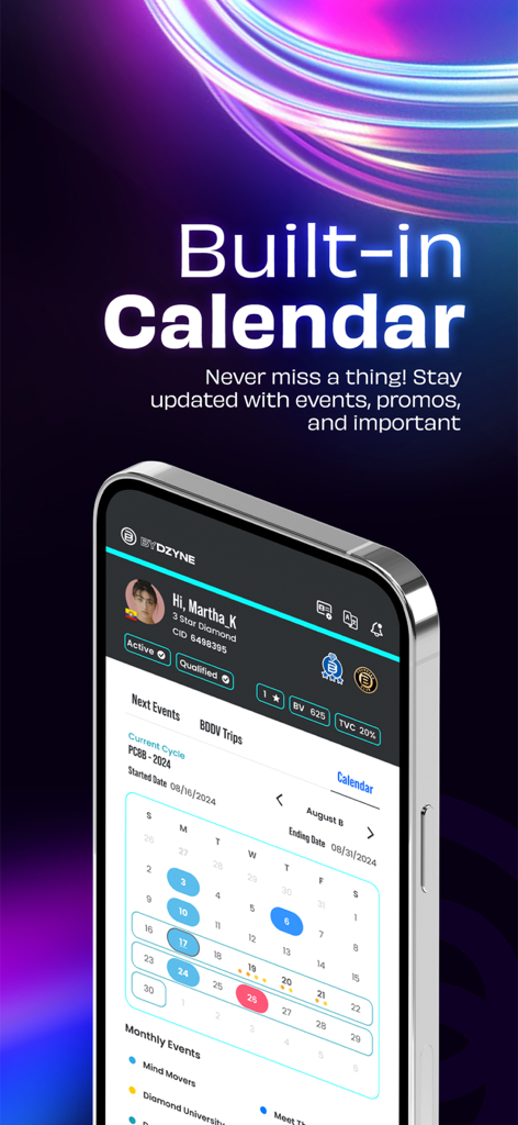 ByDzyne - ByDzyne app interface showing the built-in calendar for tracking business events and promotions.