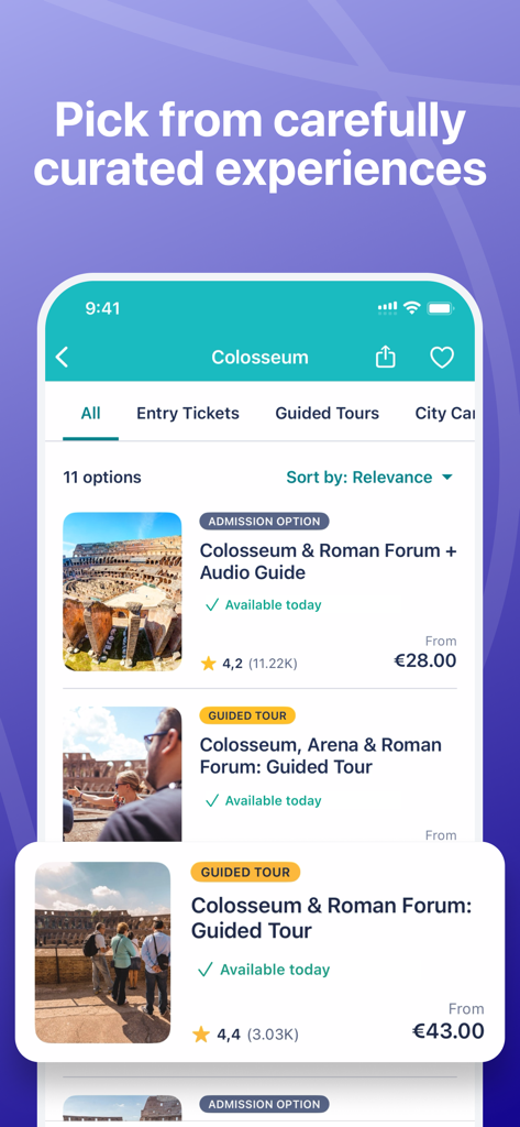 Tiqets - Museums & Attractions - Tiqets mobile app screen displaying curated ticket options for the Colosseum including guided tours and audio guides