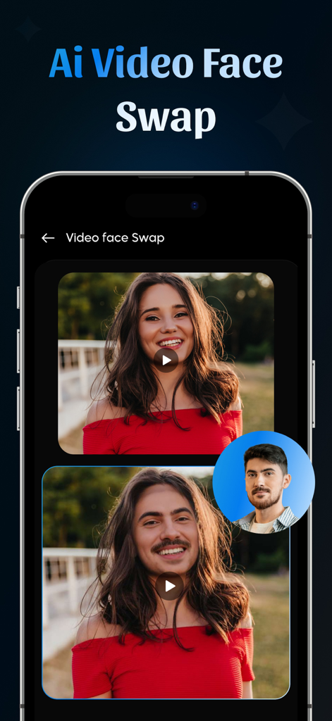 AI Face Swap Video & Photo App - Demonstration of AI video face swap feature showing a man's face swapped onto a woman's video