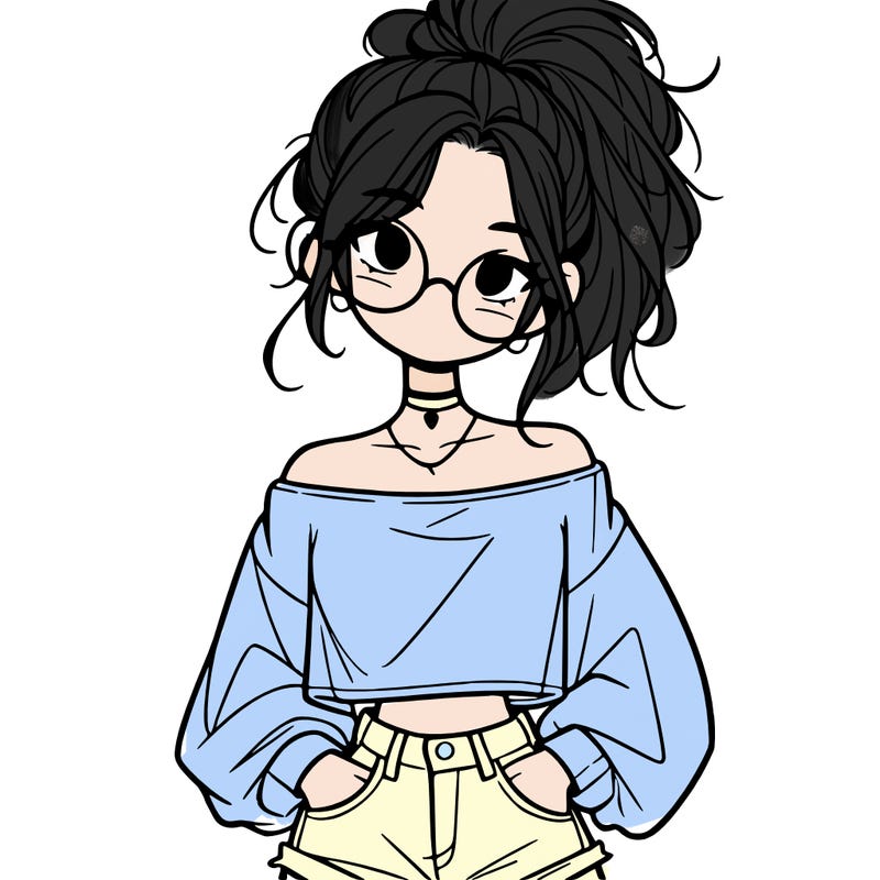 girl with a messy ponytail glasses a baggy crop top and jean shorts