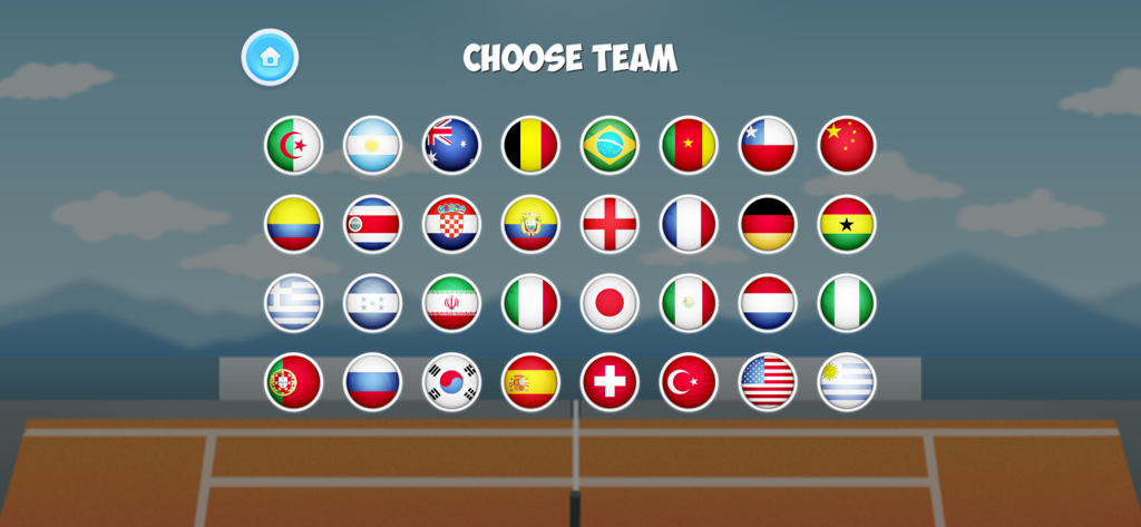 Head Tennis Online Tournament - Choose team menu featuring thirty-two national flags in Head Tennis Online Tournament