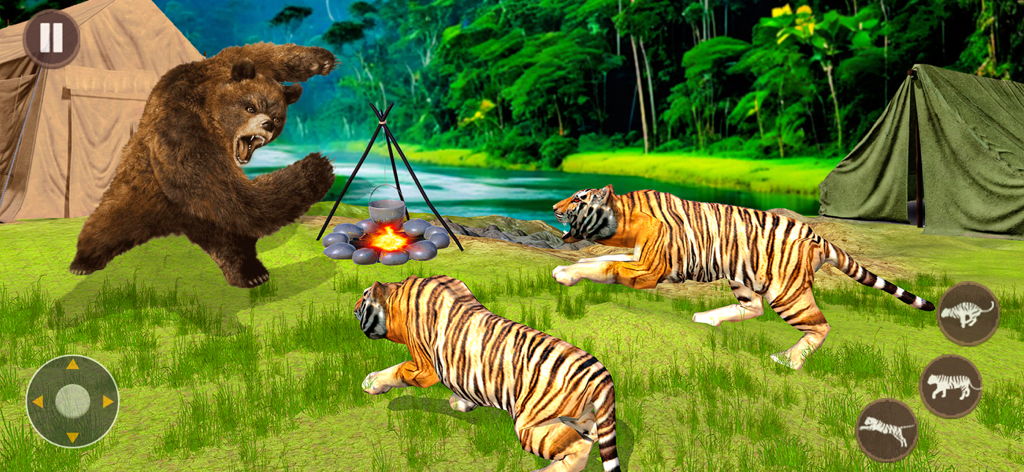 Dos tigres luchando contra un oso en un campamento de simulación de jungla