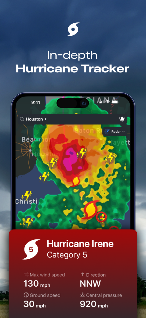 Mobile screen showing Clime hurricane tracker with Category 5 storm radar and wind speed data
