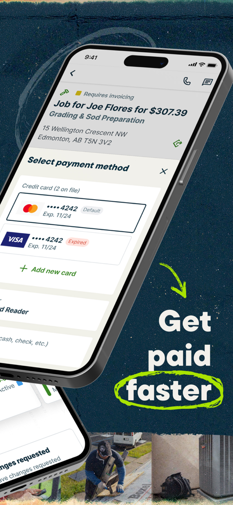 Jobber Field Service Software - Jobber mobile app interface showing credit card payment options for a landscaping service job