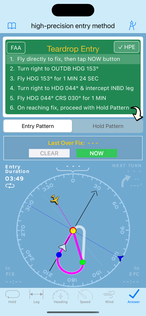 Teardrop entry instructions and flight path visualization in the Holding Pattern Computer app