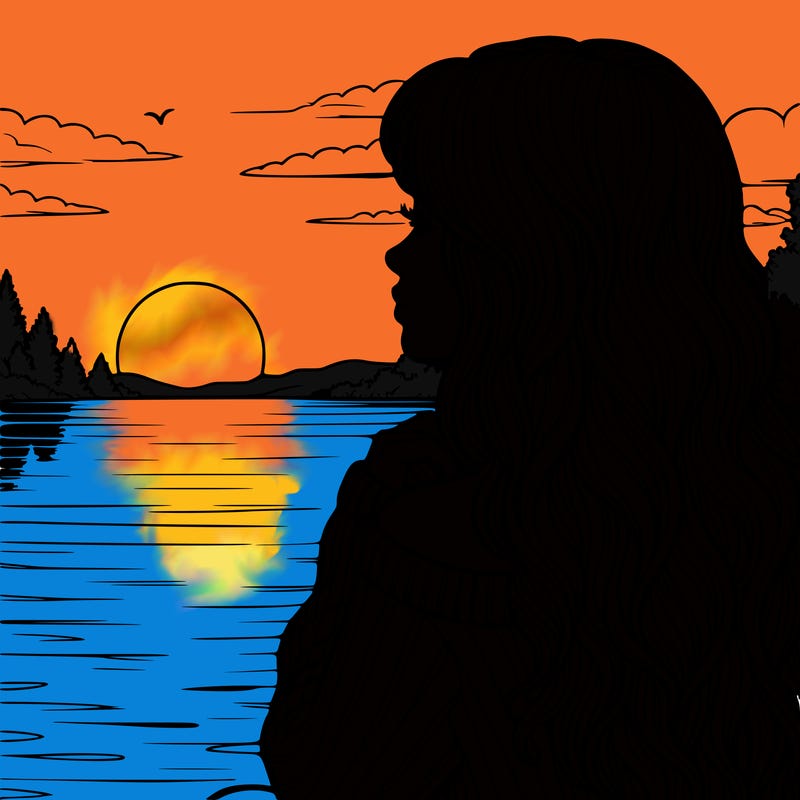 realistic girl at a lake watching the sunset