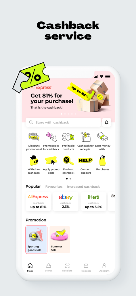 Backit cashback - Écran principal de l'application de cashback Backit affichant les offres AliExpress et les catégories de shopping